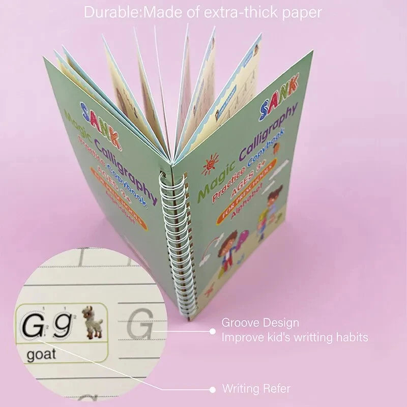 Set of green magic calligraphy practice book with spiral binding, showing the letter G and the word goat.