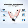 A pink USB 3.0 flash drive with Lightning and Type-C connectors showing various file management capabilities.