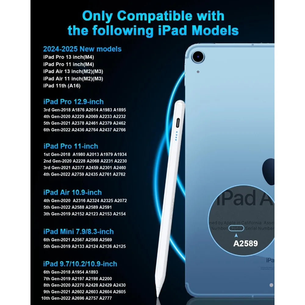 A white Apple Pencil stylus is shown next to a blue iPad, highlighting compatibility with various iPad models.