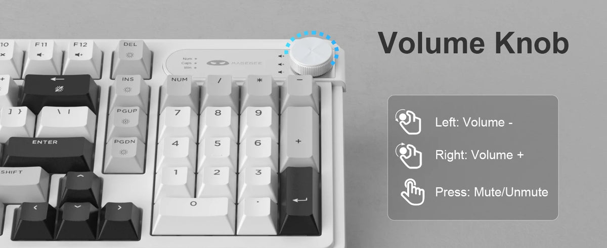 A close-up view of a white membrane keyboard showing the volume knob and various keys.