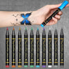 A hand holds a black face paint kit with ten individual applicators and a blue cap, displayed against a gray background.