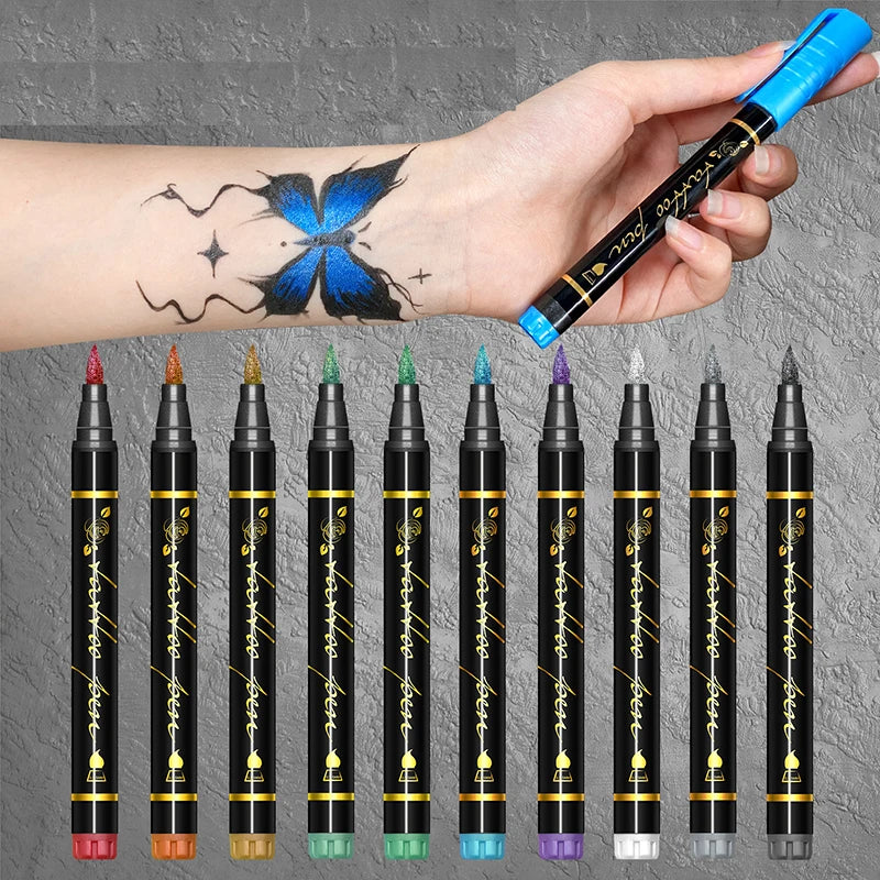 A hand holds a black face paint kit with ten individual applicators and a blue cap, displayed against a gray background.