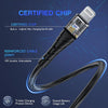 A black charging cable with a certified chip and reinforced joint is shown against a dark blue background.