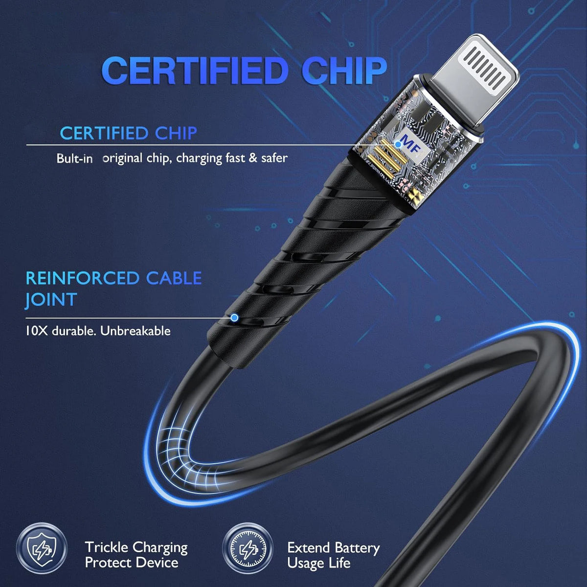 A black charging cable with a certified chip and reinforced joint is shown against a dark blue background.