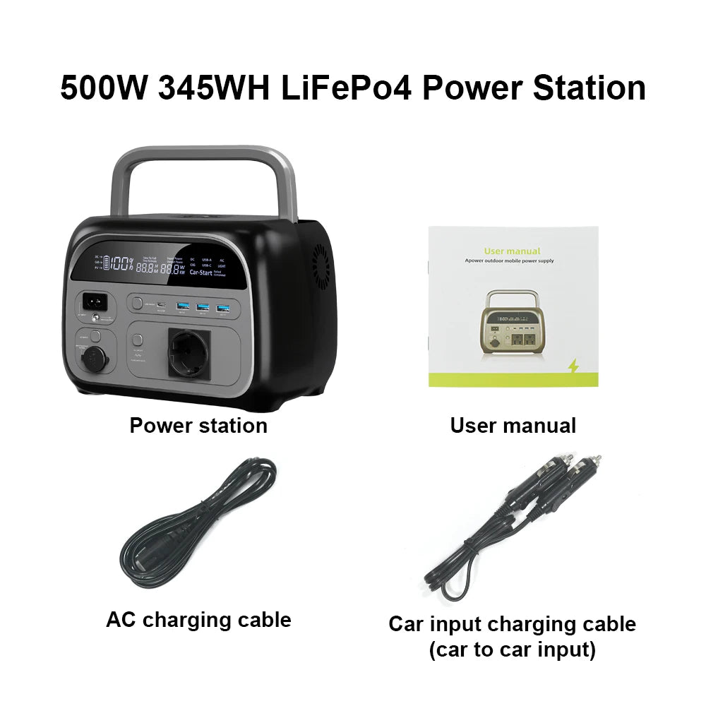 Schwarze LiFePo4 Powerstation mit Griff, AC-Ladekabel und Auto-Einganglkabel.