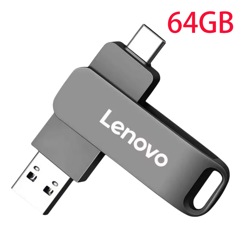 A silver Lenovo 64GB flash drive with a USB connector is shown against a black background.