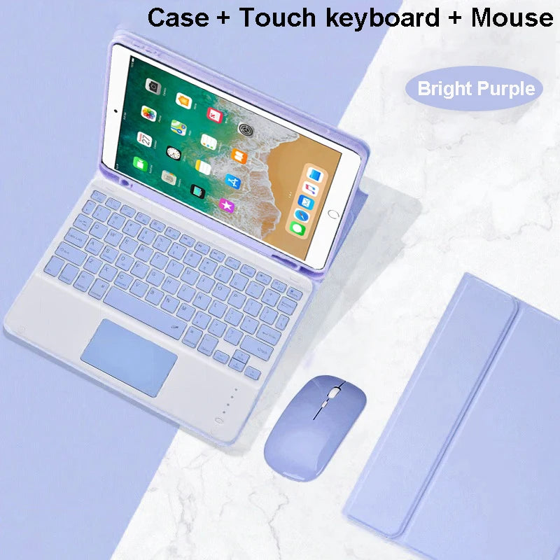 A purple Bluetooth keyboard case for an iPad, shown with a mouse and keyboard components.
