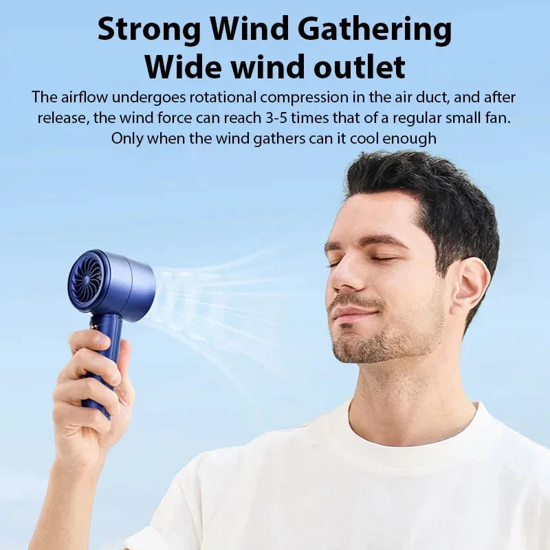 A man holds a blue wind gathering outlet fan, demonstrating its airflow.