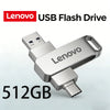 Silver Lenovo 512GB USB Flash Drive with a metal clip and connector.