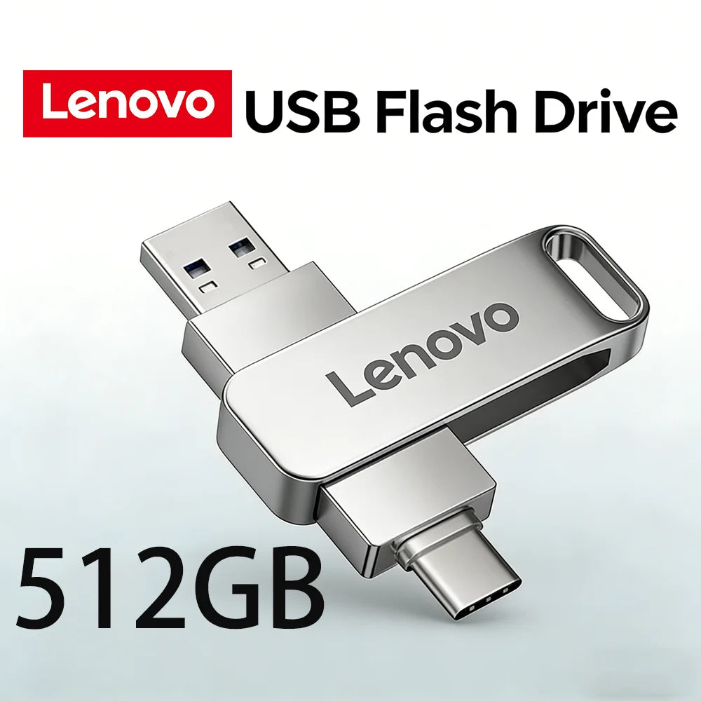 Silver Lenovo 512GB USB Flash Drive with a metal clip and connector.