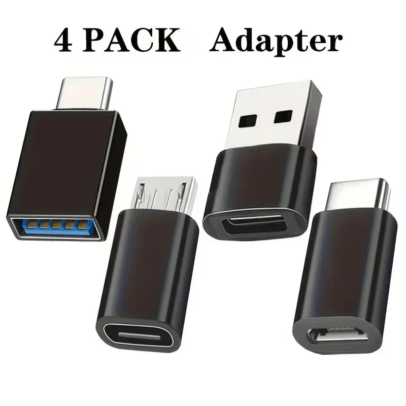 A set of four black adapters for converting USB-C to various other ports like USB-A and Micro USB.