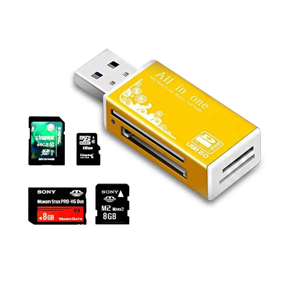A yellow and white 2-in-1 USB 3.0 card reader with a flash drive function, next to several memory cards.