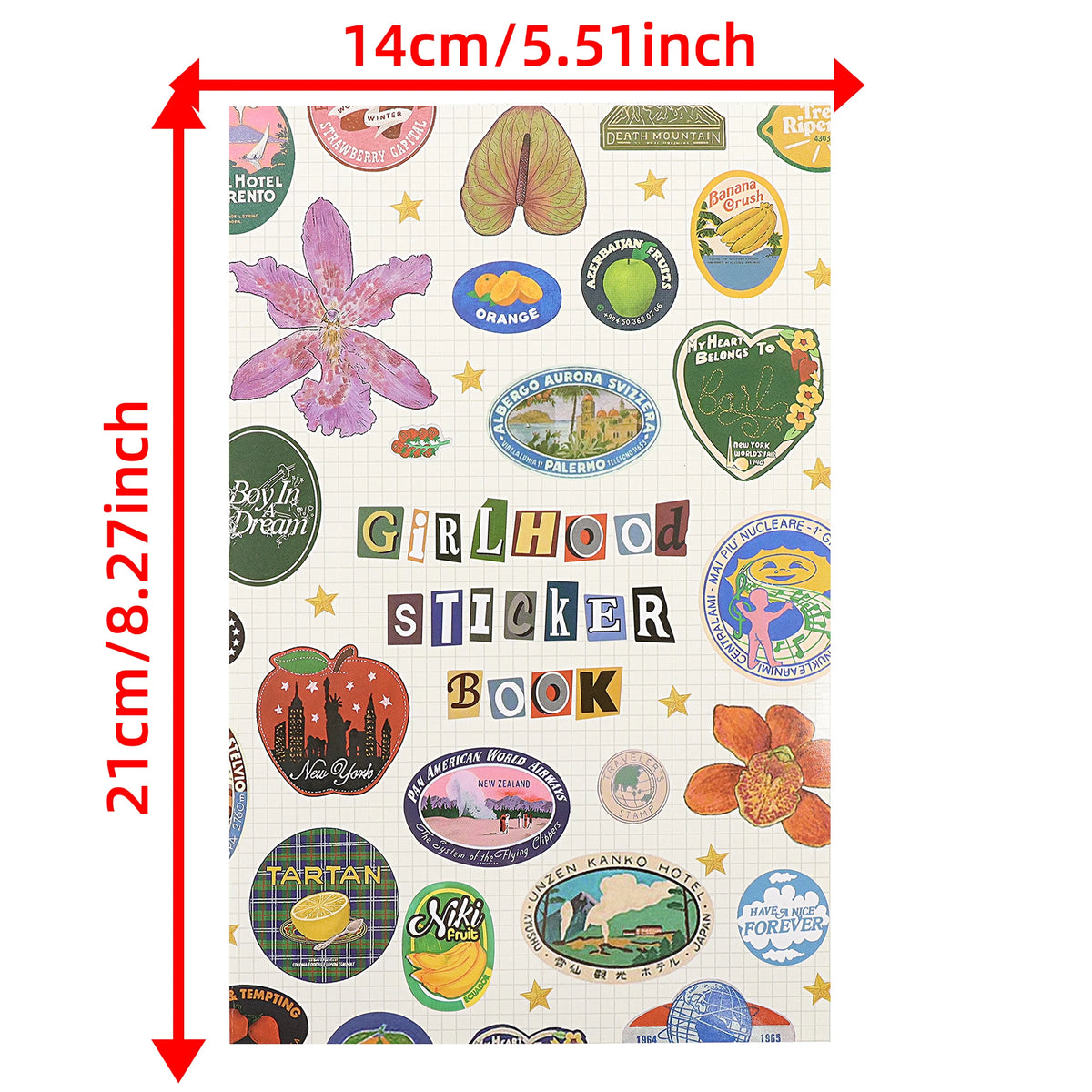 A sheet of stickers featuring various fruit, food, and themed icons for crafting and journaling.