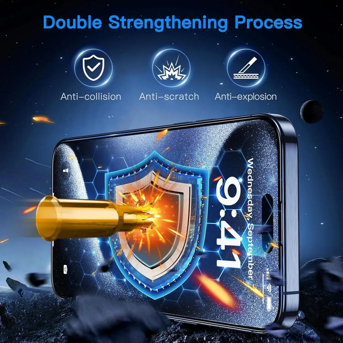 Smartphone mostrando un diseño de escudo protector con el texto 9:41, rodeado de íconos anti-colisión y anti-rayaduras