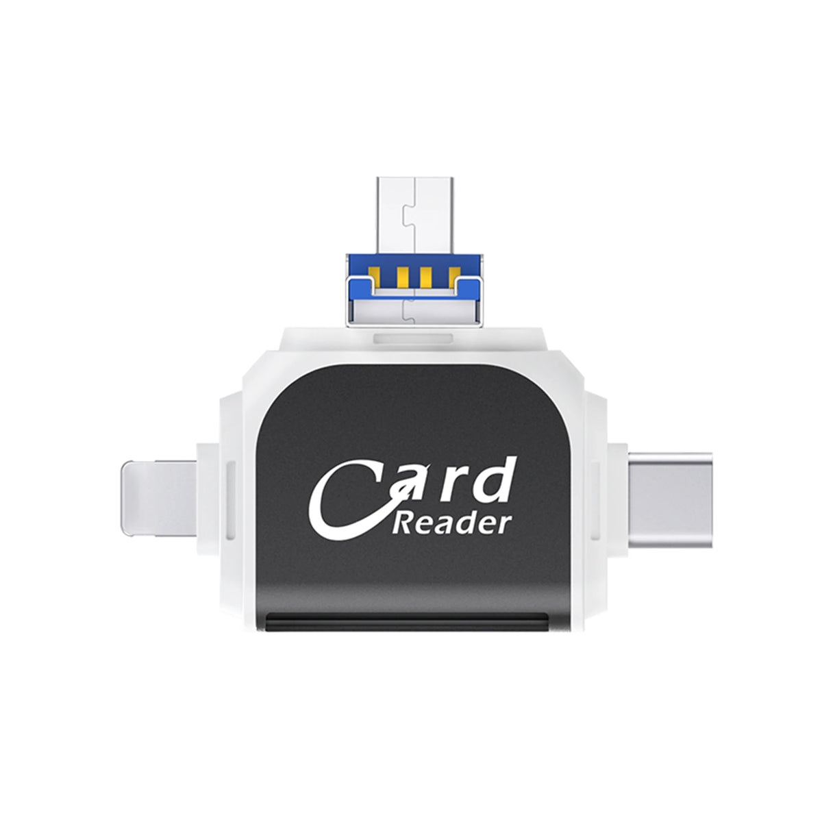 A white card reader device with a black body and a silver connector for reading SD or TF cards.