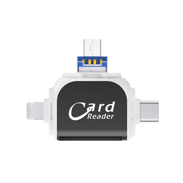 A white card reader device with a black body and a silver connector for reading SD or TF cards.