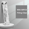 Clear handheld binder clip pusher with 50 pieces of filling clips displayed on a gray background.