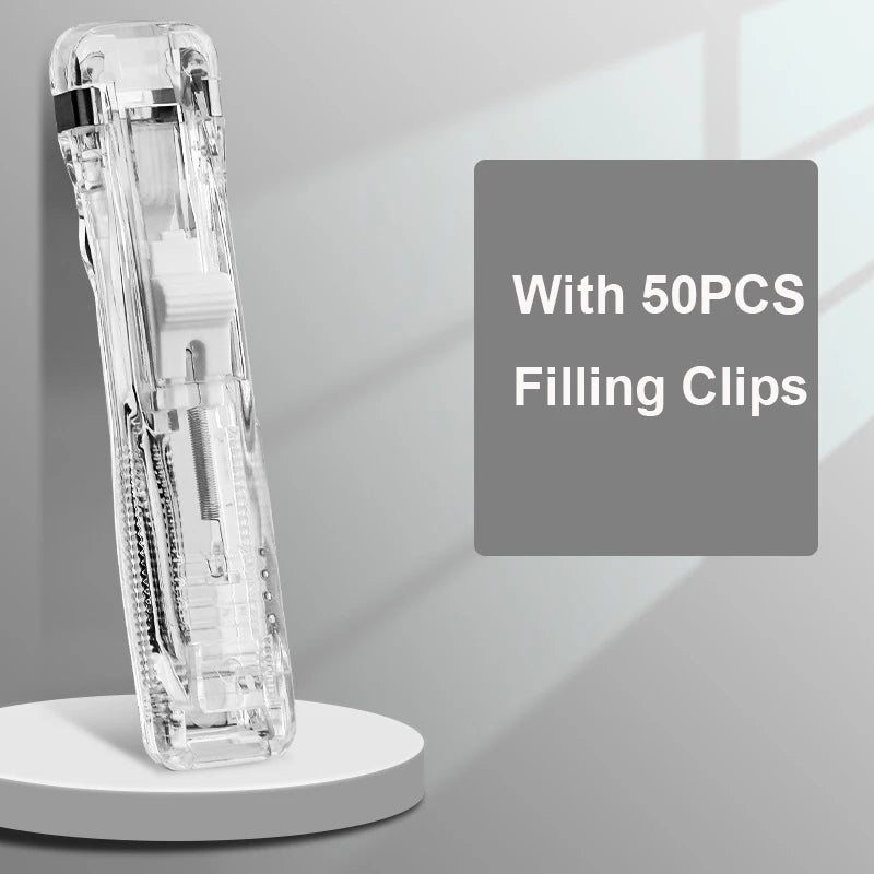 Clear handheld binder clip pusher with 50 pieces of filling clips displayed on a gray background.