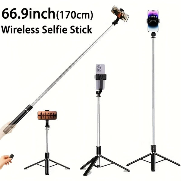 A professional extendable selfie stick tripod with a wireless remote and grip shown in various configurations.