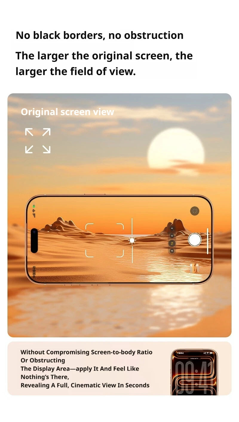 A display showing a phone with an HD tempered glass screen protector applied, demonstrating a wide field of view.
