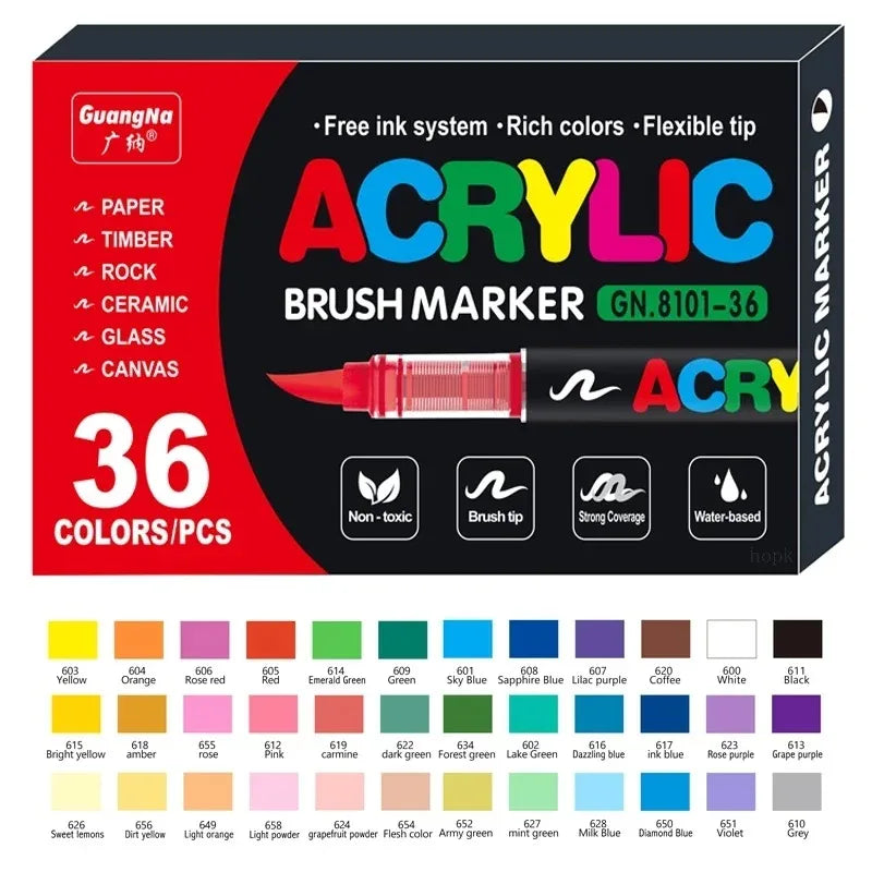 Box of 36 Acrylic Brush Markers featuring various colors including yellow, orange, red, green, blue, and purple.