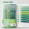 A set of nine green style gel pens is displayed next to a white sheet of paper.