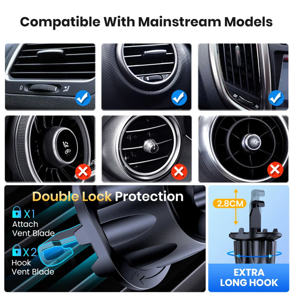 Soporte magnético para teléfono de coche, diseñado para modelos comunes con doble bloqueo y un gancho largo extra.