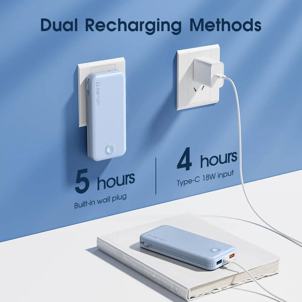 A light blue portable charger is shown next to a wall outlet and a power cord, illustrating dual recharging methods.