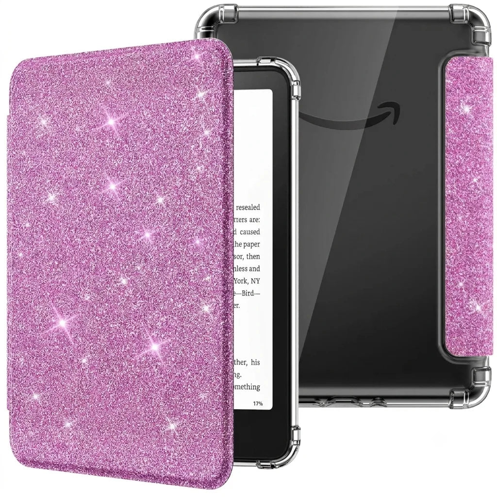 A glitter pink slim case for a Kindle Paperwhite device is shown next to the device.