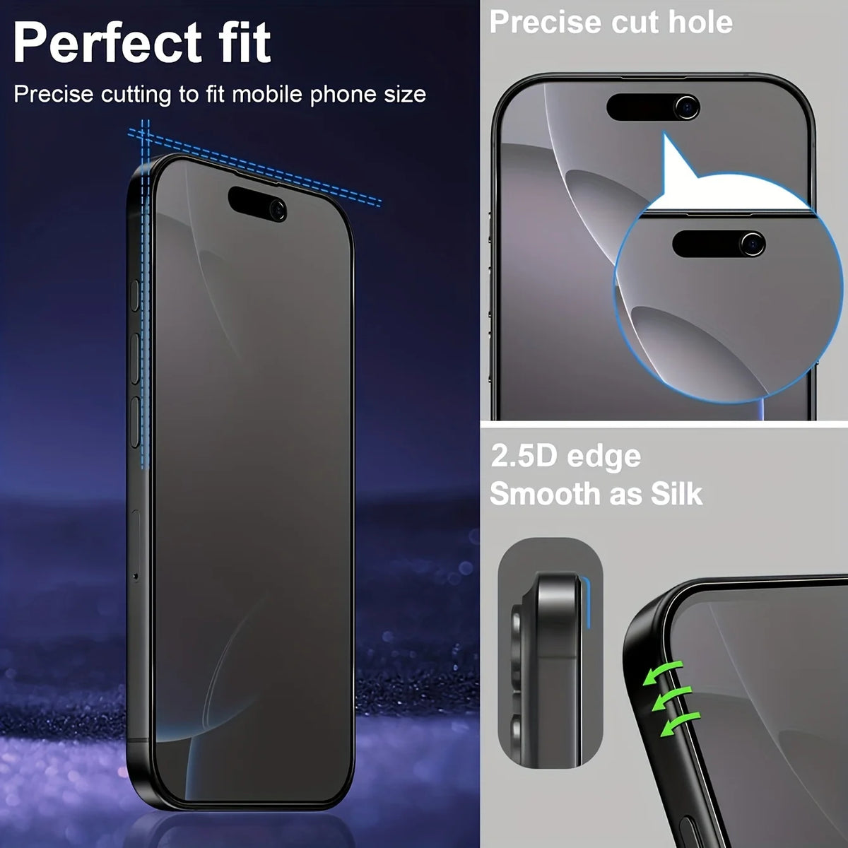 A matte ceramic privacy screen protector for an iPhone is shown with features like a precise cut hole and a smooth edge.