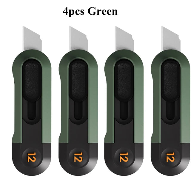 Four green deli mini pocket knives shown side by side