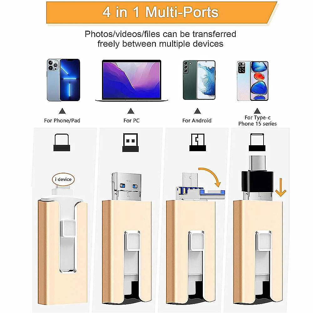 Un juego de cuatro adaptadores multi-puerto para transferir fotos, videos y archivos entre diferentes dispositivos como teléf