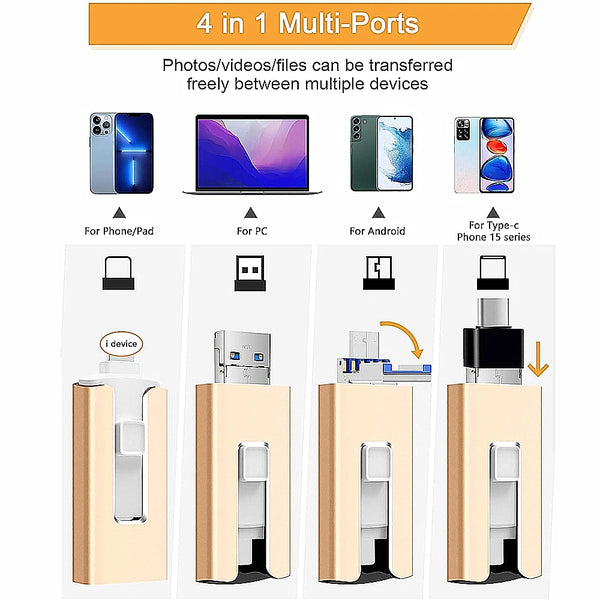 Un juego de cuatro adaptadores multi-puerto para transferir fotos, videos y archivos entre diferentes dispositivos como teléf