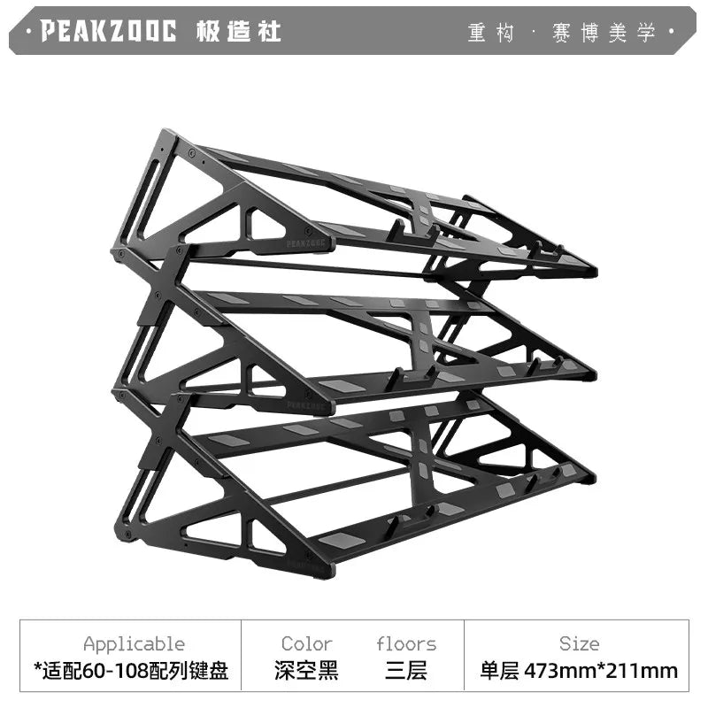 Black metal keyboard display stand with a sturdy, angular frame for mechanical keyboards