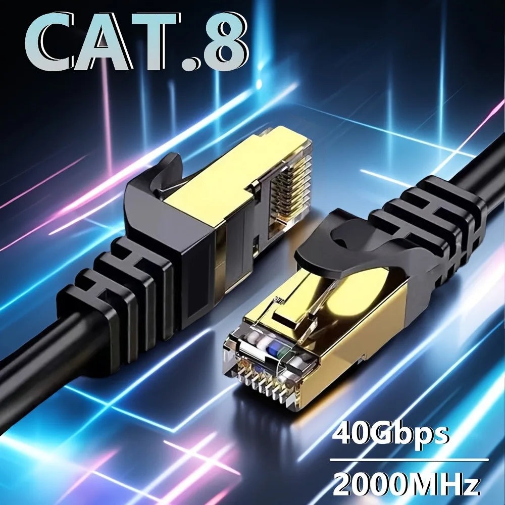 A close-up of a CAT.8 Ethernet cable connector and cable, highlighting its high-performance specifications.