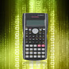 A black scientific calculator with a green digital display is shown against a background of binary code.