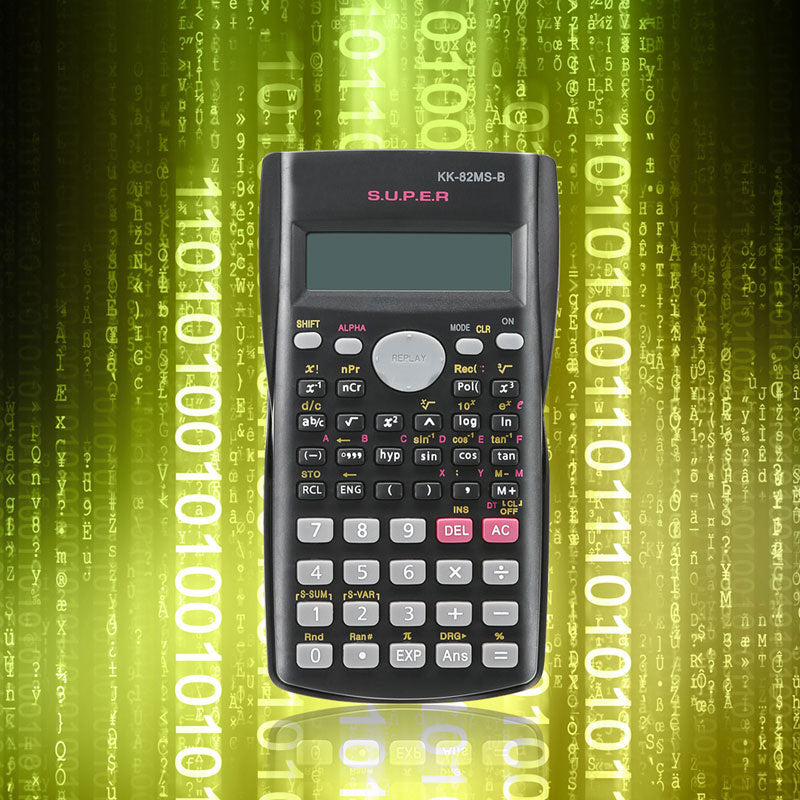 A black scientific calculator with a green digital display is shown against a background of binary code.