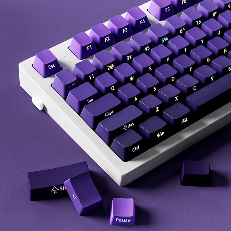 A close-up view of a purple mechanical keyboard with custom keycaps and a pause key resting on a purple surface.