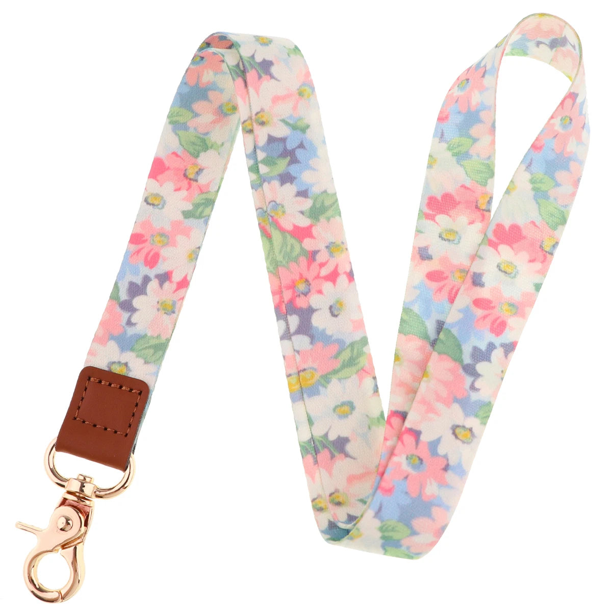 A pink and floral patterned fashion lanyard strap with a brown leather attachment.