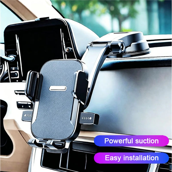 A phone mount is shown attached to a car interior, demonstrating powerful suction and easy installation.
