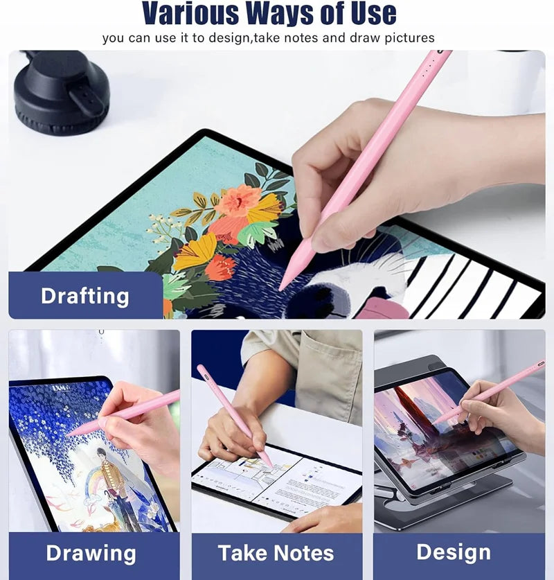 A pink stylus pen is shown being used to draw, take notes, and design on a digital tablet screen.