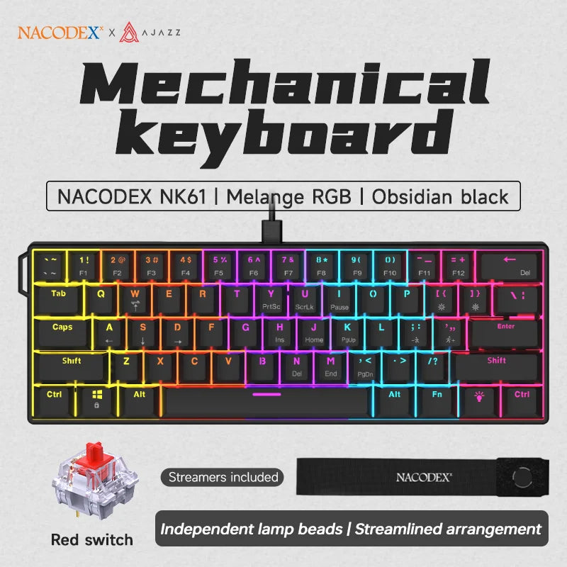 NACODEX NK61 mechanical keyboard in Melange RGB and Obsidian black with red switches