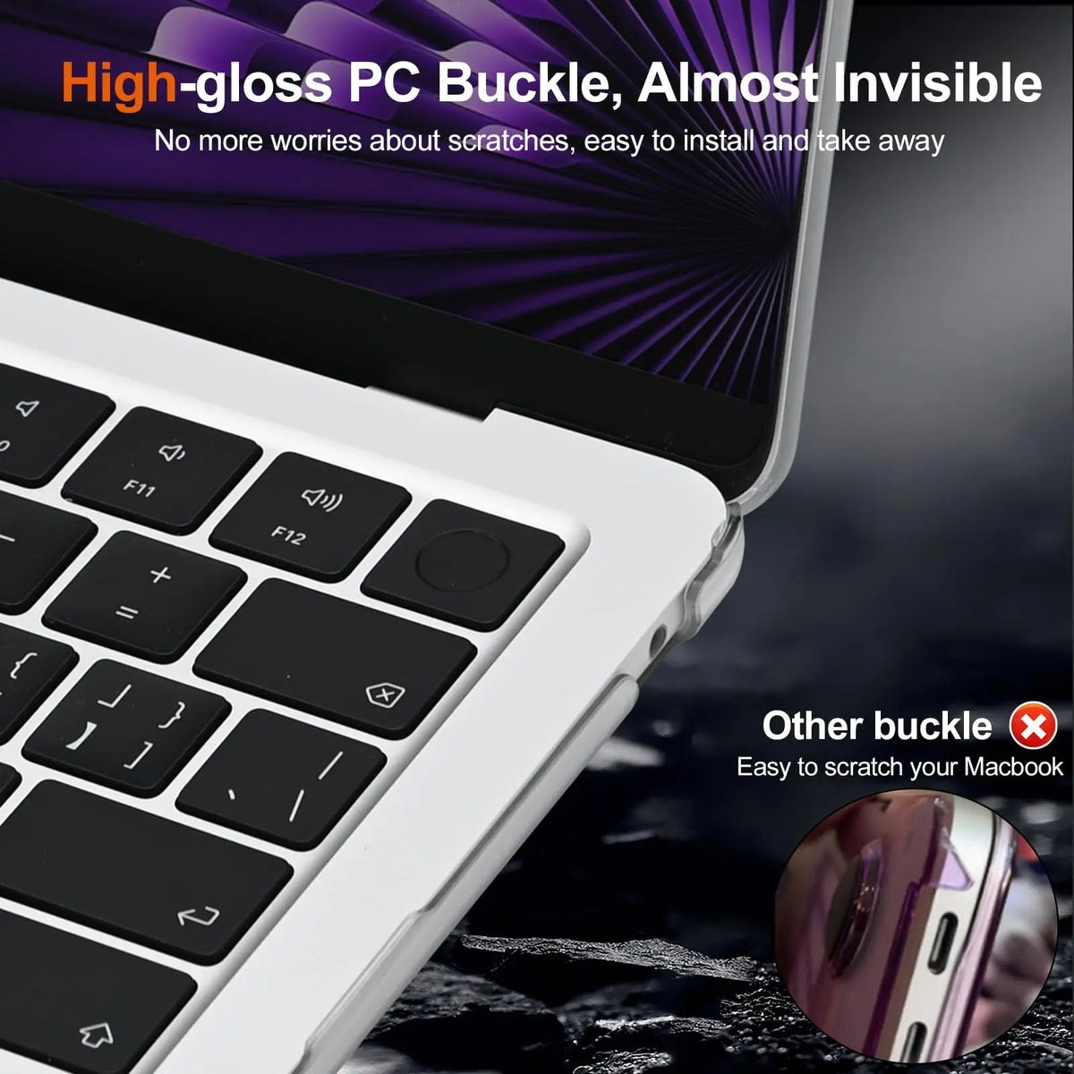 A close-up view of a high-gloss PC buckle protective case for a MacBook keyboard and laptop.