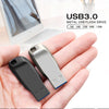 Eine Hand hält einen silber-schwarzen USB-Flash-Stick mit verschiedenen Speicherkapazitäten.