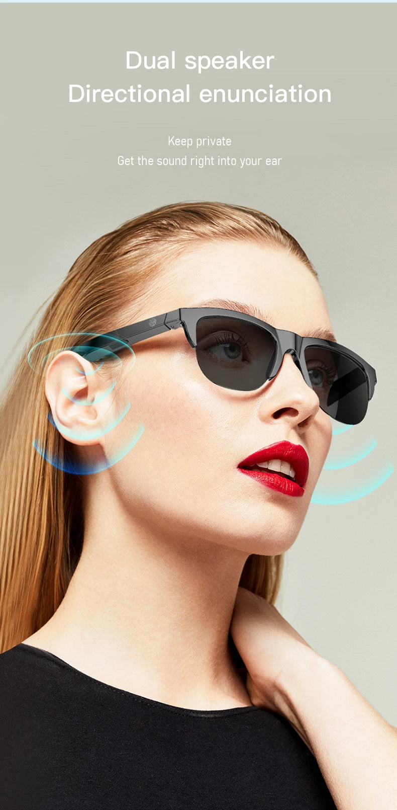 A woman wearing black directional sunglasses with blue sound waves emanating from the lenses.