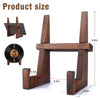 A wooden cookbook holder stand with a rectangular frame and two vertical supports, shown next to various size references.