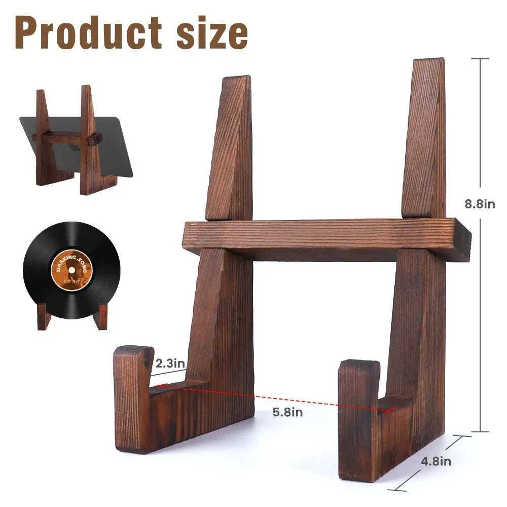 A wooden cookbook holder stand with a rectangular frame and two vertical supports, shown next to various size references.