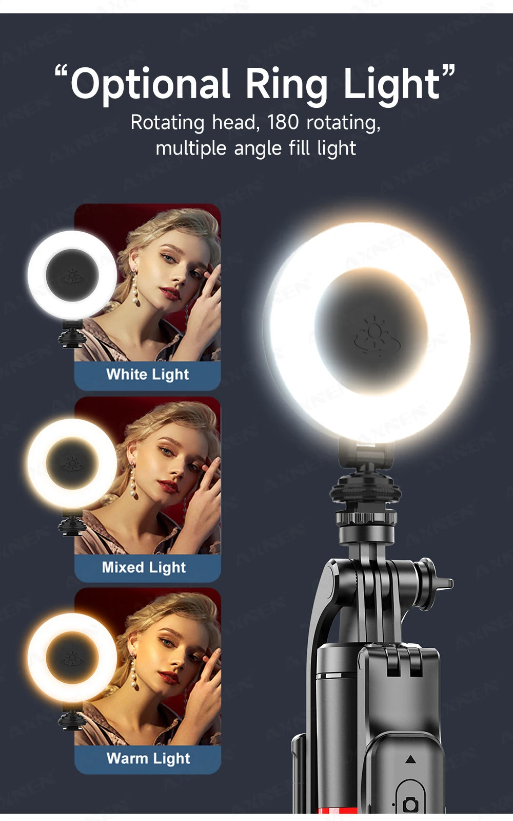A tripod-mounted ring light with adjustable white, mixed, and warm light options for photography or video.