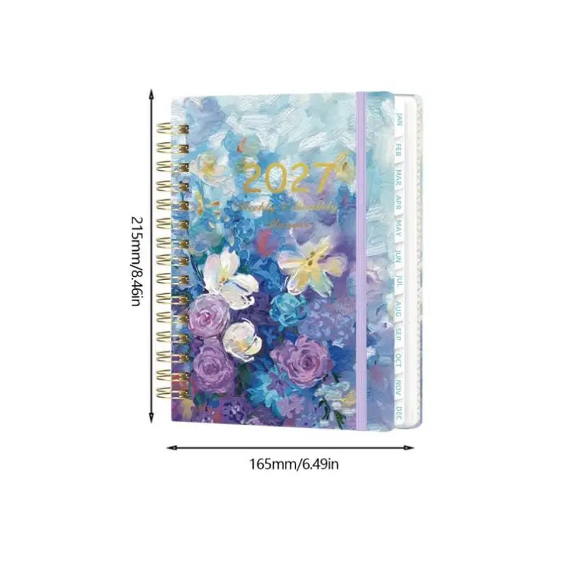 A5 spiral bound planner featuring floral designs and monthly tabs in purple and blue hues