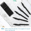 A set of ten black gel pens laid out on a white textured surface.